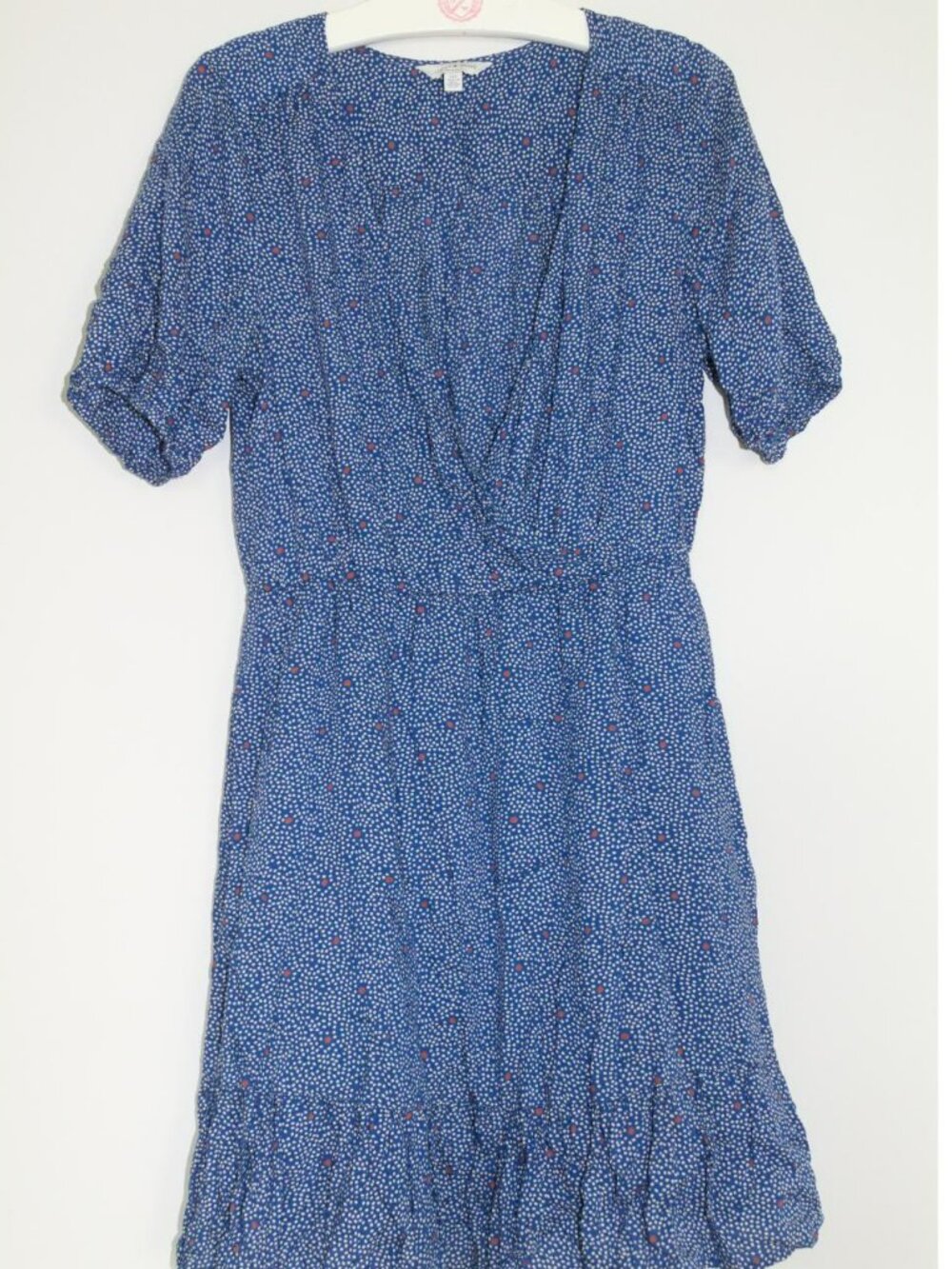 Lucky Brand Size S V Neck Blue and White Mini Dress with ruffle hem